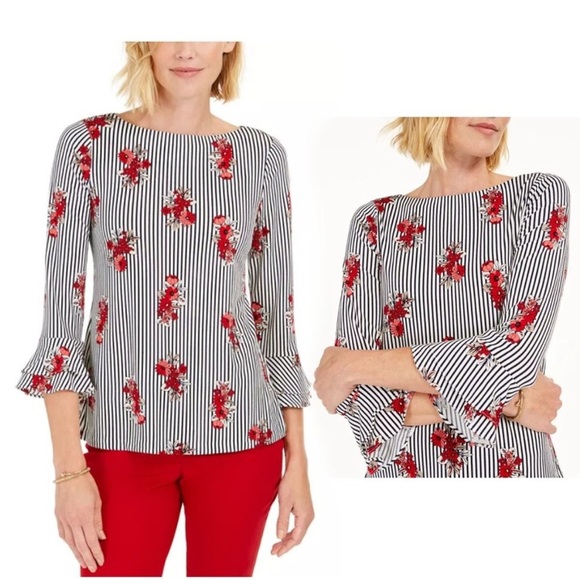 Charter Club Floral Striped Blouse with Red Floral Pattern And Bell Sleeves - Picture 3 of 11